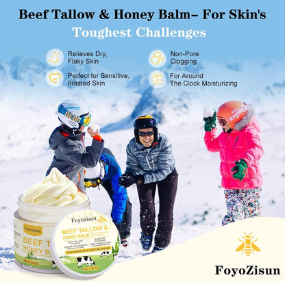 Beef Tallow and Honey Balm for Skin,Tallow Face Moisturizer Cream with Sodium Hyaluronate, Rose Essential Oil,Jojoba Oil,Deep Nourishment