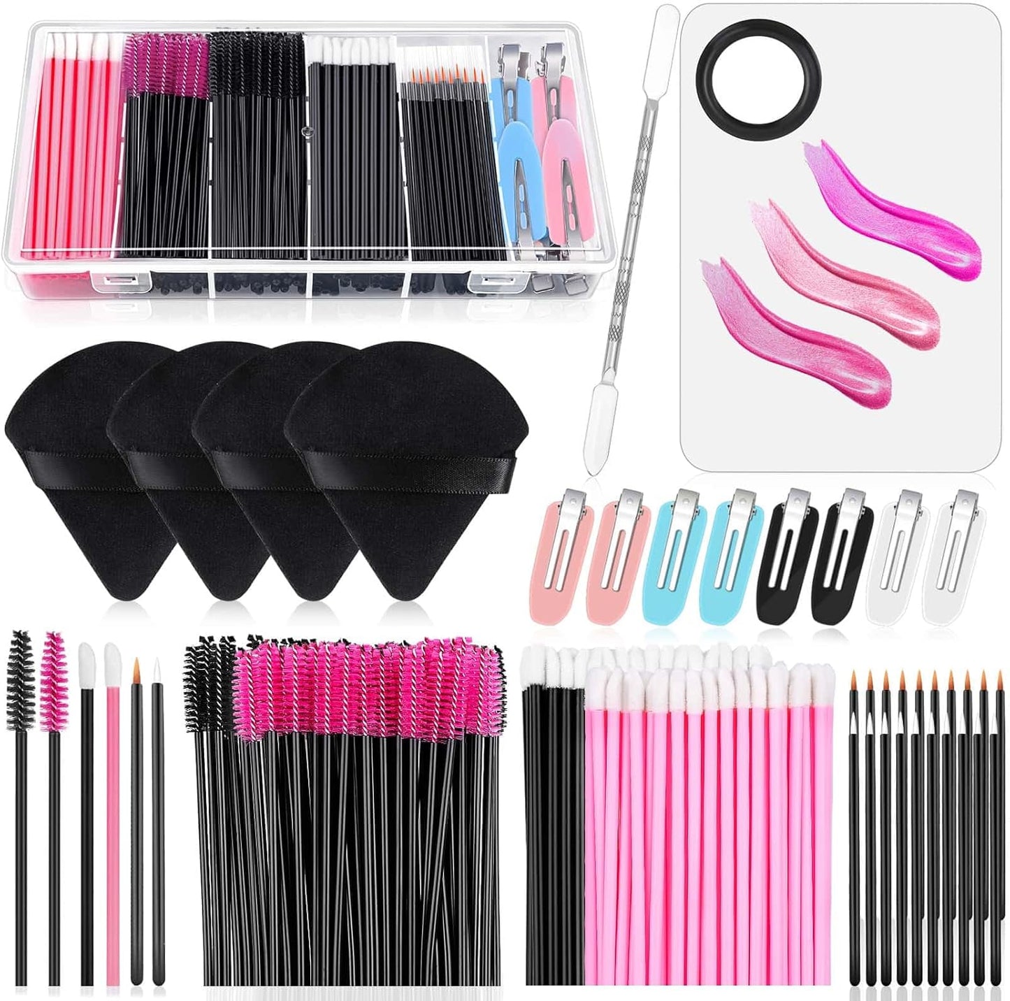 Disposable Makeup Applicators Kit with Triangle Puff Mixing Palette, Artist Supplies Disposable Mascara Wands, Lip Brushes, Hair Clips Powder Puffs for Face with Storage Box