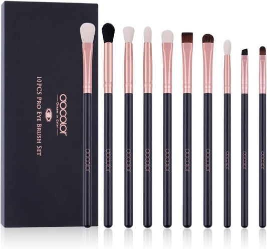 Eyeshadow Brushes, 10Pcs Eyebrow Brush Eyeliner Concealer Brush Eye Makeup Brushes Set Professiona Make up Brush Kit with Gift Box (Black with Rose Gold,Wooden Handles)