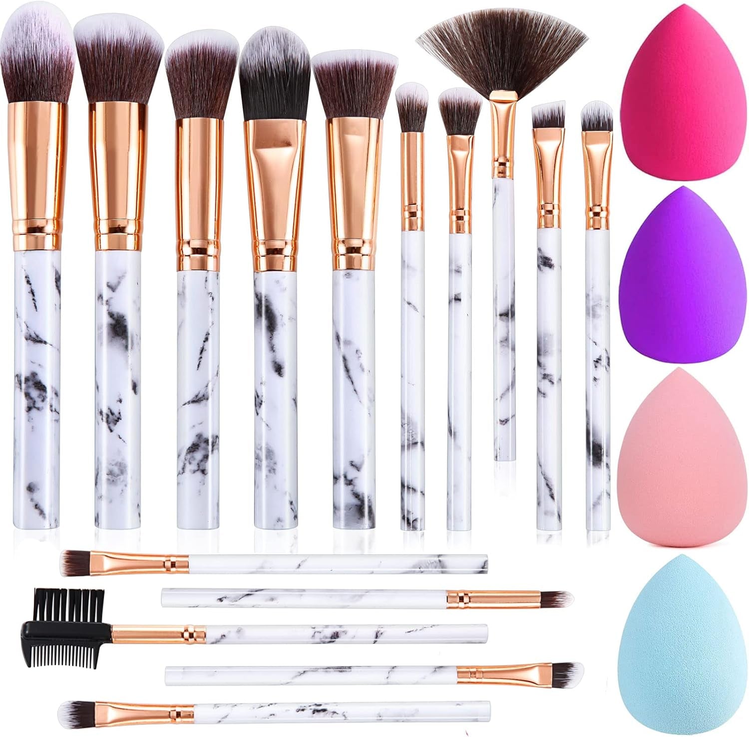 Makeup Brushes  15Pcs Marble Makeup Brush Set Premium Synthetic Kabuki Powder Blush Contour Foundation Concealer Eyeshadow Brushes with Makeup Sponge Make up Tool