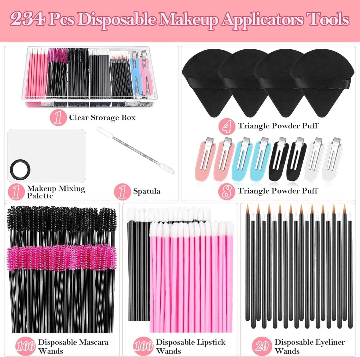 Disposable Makeup Applicators Kit with Triangle Puff Mixing Palette, Artist Supplies Disposable Mascara Wands, Lip Brushes, Hair Clips Powder Puffs for Face with Storage Box