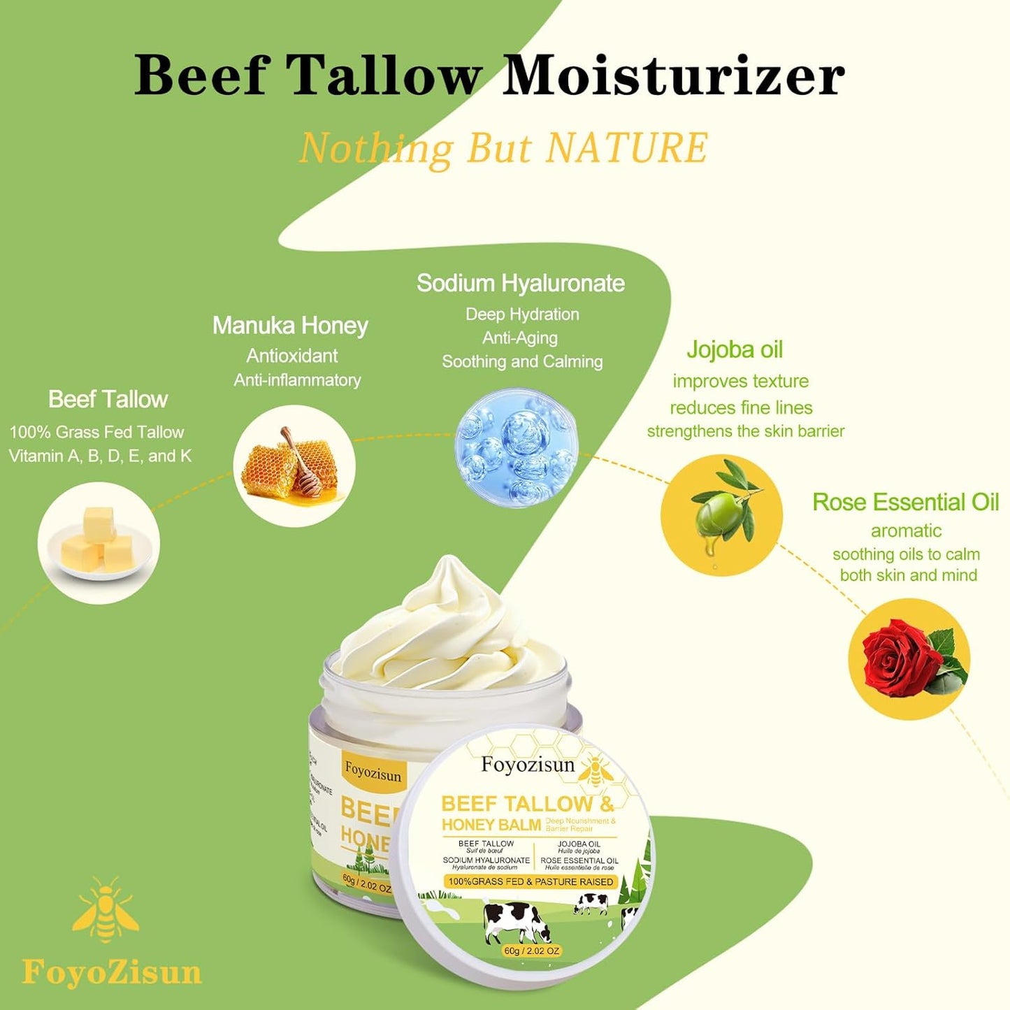 Beef Tallow and Honey Balm for Skin,Tallow Face Moisturizer Cream with Sodium Hyaluronate, Rose Essential Oil,Jojoba Oil,Deep Nourishment