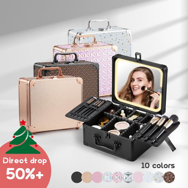 Qislee Portable Makeup Box, Cosmetic Bag with Detachable LED Mirror, Waterproof Travel Makeup Case, Cosmetic Organizer with Adjustable Dividers