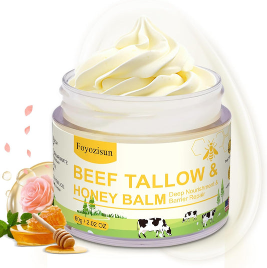 Beef Tallow and Honey Balm for Skin,Tallow Face Moisturizer Cream with Sodium Hyaluronate, Rose Essential Oil,Jojoba Oil,Deep Nourishment